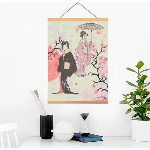 Canvas Home Decoration Cherry Blossoms Poster Print Retro Japan Woman Wall Art Wooden Scroll Hanging Painting Bedside Background