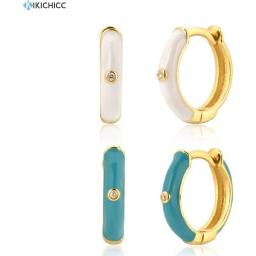 Kikichicc 925 Sterling Silver Gold Enamel Turquoise Circle Women Hoops Piercing Pendientes Ohrringe Jewelry Crystal Jewels