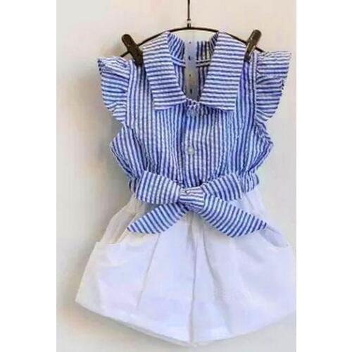 2016 summer new children clothing set 2pcs fly sleeve vest+pants cotton cute bow toddler girl clothing kids stripe girls suits