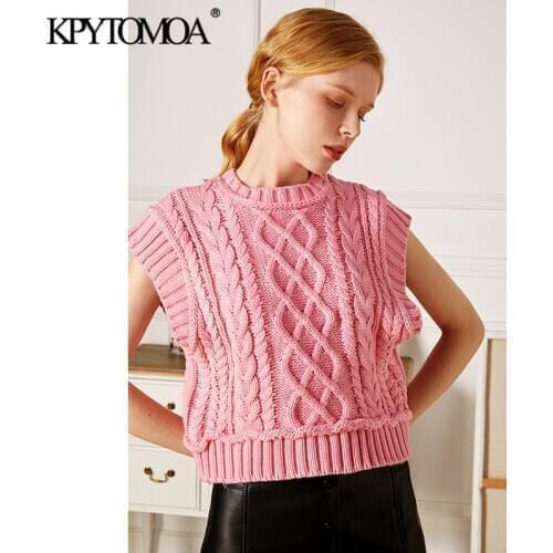 KPYTOMOA Women 2021 Sweet Fashion CabLe Knitted Cropped Vest Sweater Vintage High Neck Sleeveless Female Waistcoat Chic Tops
