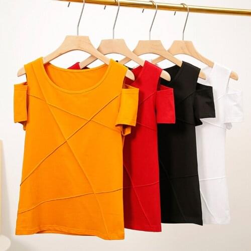 Summer Cotton Basic O-Neck Off Shoulder T-Shirt Women Solid Casual Short Sleeve Tee Shirt Female Knitted Tops Harajuku Tshirt