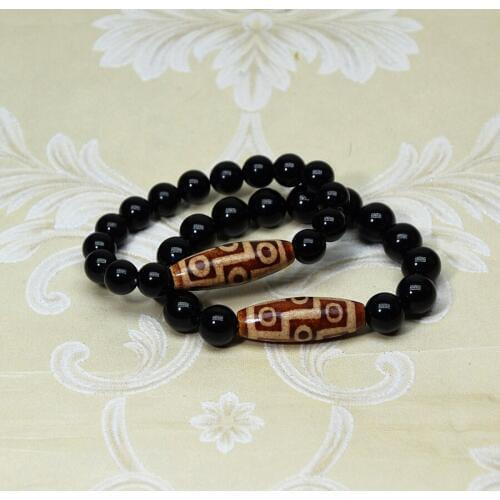 Mens and Womens Jewelry Bracelet, 10/12mm Black Agate Beads, 12/13*37/38mm Brown Dragon Agate DZI, 9 Eye DZI Beads Bracelet