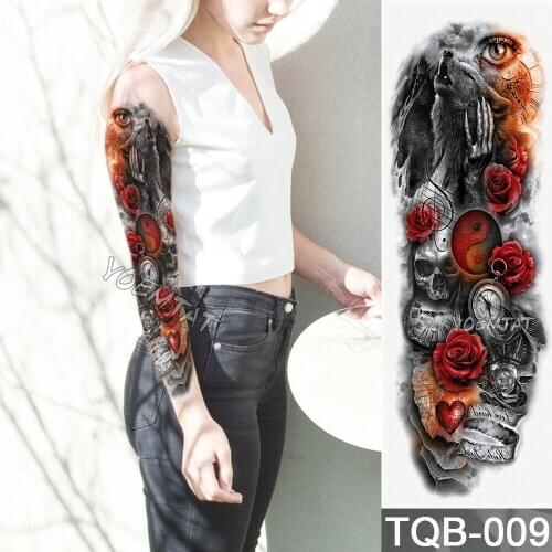 NEW 48*17cm Full Flower Arm Tattoo Sticker Wolf yin and yang rose clock Temporary Body paint Water Transfer fake Tatoo sleeve