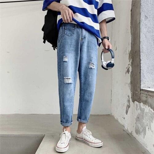 Wholesale 2020 Hong Kong style spring and autumn denim hip hop mens ripped jeans loose straight wild wide-legged old pants