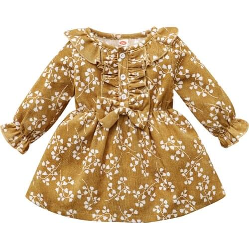 Citgeett Autumn Infant Baby Girls Dress Floral Ruffled Yellow Long Sleeve Buttons Skirt Spring Clothes 0-24Months