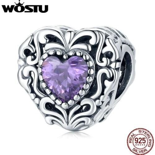 WOSTU 925 Sterling Silver Mysterious Heart Bead Purple Zircon Charm Dangle Pendant Fit Original Bracelet DIY Jewelry CQC1929