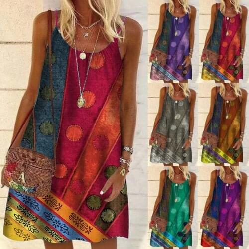 Holiday Summer Costume European and American Women Dress Folk Print Loose type Slip Dress Breathable Beach Dress Casual Daily