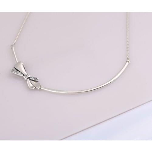 S925 Silver Brilliant Bow Necklace For Women Pave Clear CZ Girl Birthday Gift Gill Silver Choker fit Lady Jewelry
