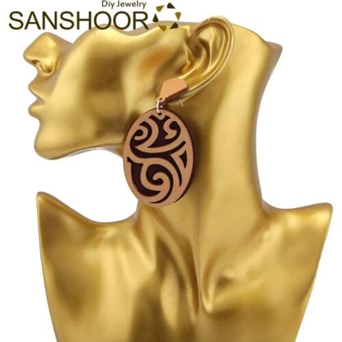 SANSHOOR Bohemian Engraved Wood Stud Earrings Double Craft Afrocentric Ethnic Jewelry As Women Valentines Day Gifts 6Pairs