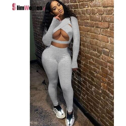 Gym Two Piece Set Tracksuit for Women Skinny Criss Cross Cleavage Crop Top and Stretchy Legging Matching Set Female Sportswear