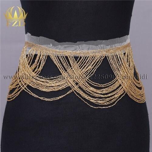 FZD 1 PC Bodice Applique Gold Waterfall Rhinestones Beaded Wedding Dress with Beautiful Beads Appliques for DIY Patch Decor Trim