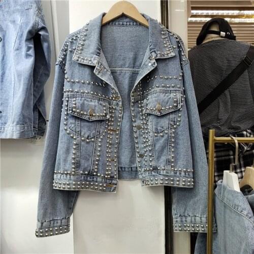 Heavy Work Beaded Rivet Jeans Jacket Washed Light Blue Coat Autumn Casual Lapel Long Sleeve Female Denim Jacket Jaqueta Feminina