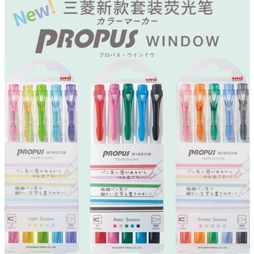Japan Mitsubishi Highlighter PUS-103T Windows Light Color Double Tip Highlighter Students Draw Key Points 5PCS