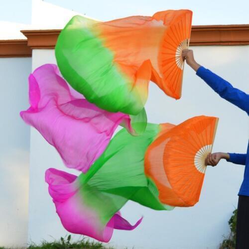 2016 High selling 100% Real Silk Veils 1 Pair handmade women Quality Silk Belly Dance Fan Dance orange green rose 180*90 cm
