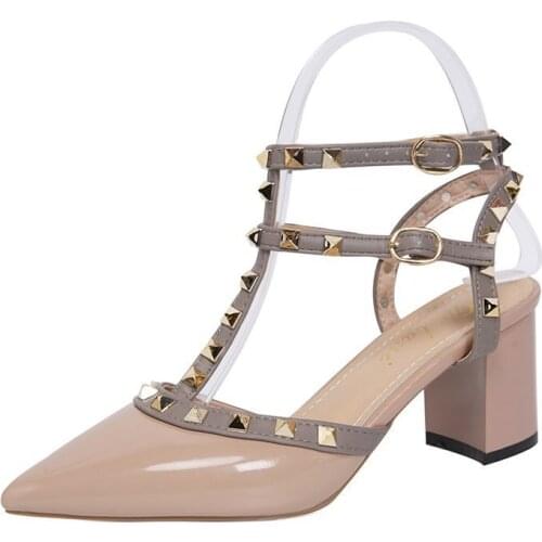 Womens shoes 2021 summer rivet buckle pointed patent leather high-heeled sandals large size thick heel