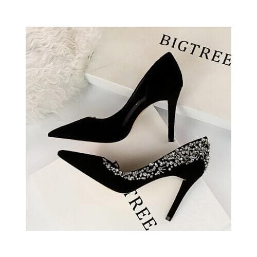 Women Pumps High Heel 9.5CM Flock Crystal Shallow Slip On Pointed Toe Single Office Shoes Stilettos Female Wedding Shoe Footwe