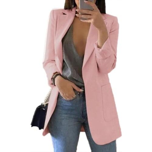 Women Office Suit Jacket Solid Color Long Sleeve Lapel Color No Button Lapel Slim Ladies Business Blazers Coat