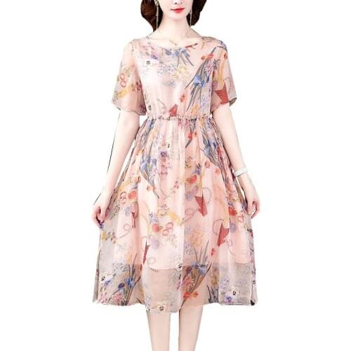 Sweet Fashion Women Summer Dresses Office Casual Loose Silk Dress Round Neck Short Sleeve Printed Ladies Elegant Dress OK731