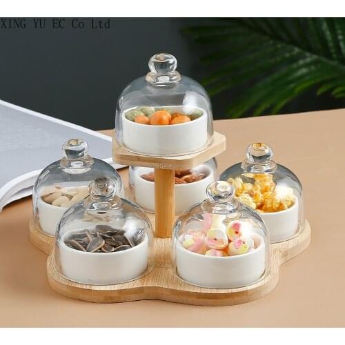 140ml Ceramic Cake Plate Bamboo and Wood Tableware Set Multi-cell Ceramic Cake Cup Glass Lid Baking Dessert Dessert Bowl