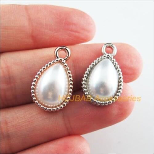 30Pcs Retro Dull Silver Plated KC Gold Color White Acrylic Teardrop Charms Pendants 13x21mm