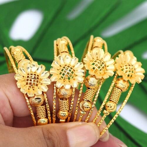 4pcs Beads 24k Gold Color Dubai Bangles For Women Ball Copper Saudi Arabic Flower Bracelet Girls Africa Bangles Wedding jewelry