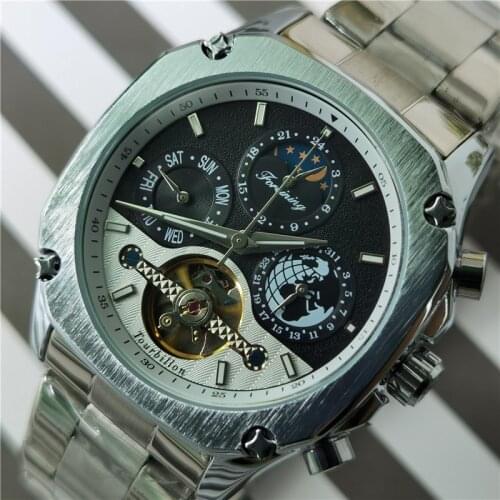 Forsining Tourbillon Mens Automatic Mechanical Watches Silver Square Stainless Steel Moonphase Relogio Masculino Watch For Men