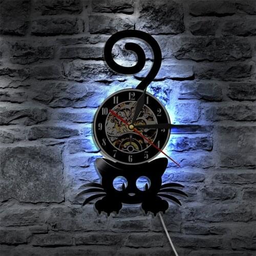 Crazy Cat Lady Clock with LED Wall Art Retro Black Cat Vintage Vinyl Record Wall Clock Bar Cafe Home Wall Decor Cat Pet Lover