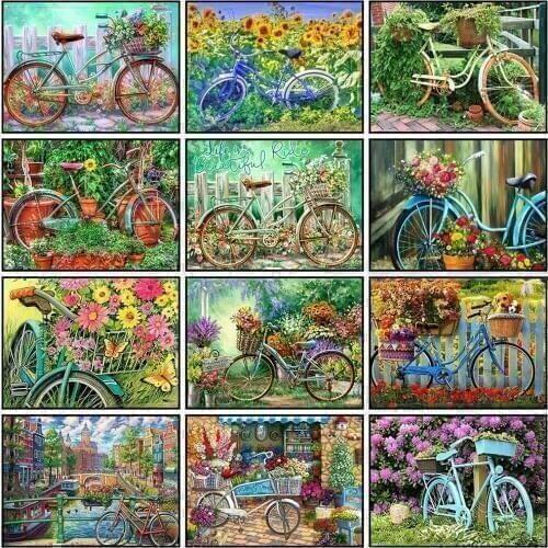 Evershine Diamond Painting Bicycle Flowers 5D DIY Full Square Diamond Embroidery Scenery Cross Stitch Rhinestone Art Home Decor