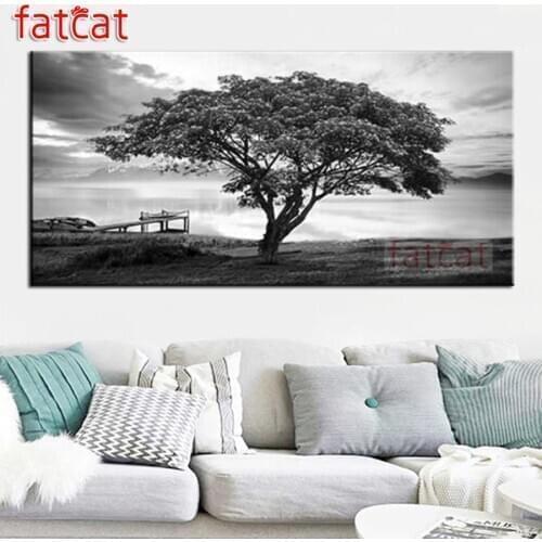 FATCAT black and white tree landscape Large Diamond Painting Full square round drill Diy Diamond Embroidery Mosaic kits AE2537