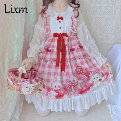 Kawaii Lolita Strawberry Sleeveless JSK Cute Rabbit Sweet Lolita JSK Dress Girls Princess Dress