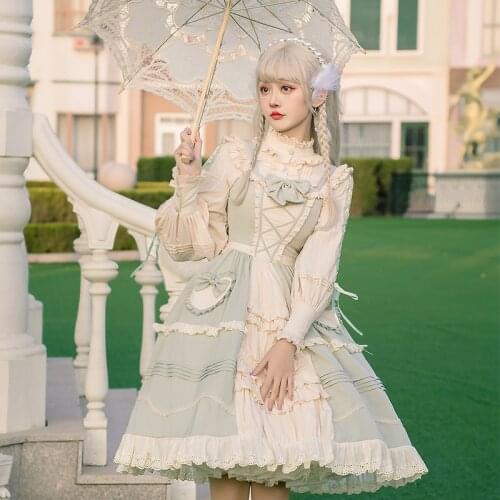The Hibiscus In March ~ Mint Classic Lolita JSK Dress & Cotton Blouse Victorian Bustle Dress Loli Doll Lolita Clothes