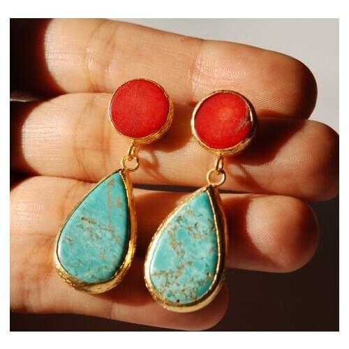 FİRUZEN COLLECTION 2'Lİ FİRUZE CORAL CERTIFIED LADY OVAL STUD EARRINGS