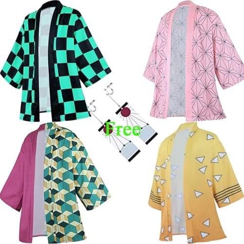 Demon Slayer Cosplay Costume Anime Kimetsu No Yaiba 3D Printing Kimono Kamado Tanjirou Tops+Earring Cloak Casual Coats Halloween