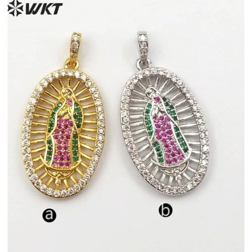 MP110 WKT Wholesale 10pcs women pendant religious style virgin Mary medal with colorful cubic zirconia pave oval shape jewelry