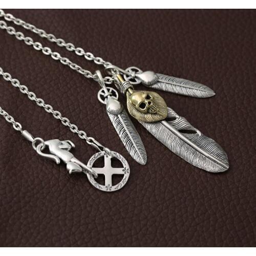 Men Women Silver Necklace 100% Real 925 Sterling Silver Skull Feather Pendant Chain Necklace Christmas gift fashion jewelry Gift