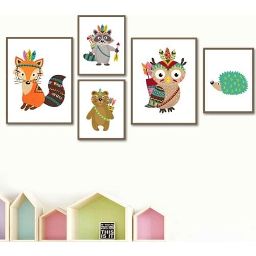 Bear Raccoon Fox Owl Hedgehog Feather Arrow Wall Art Canvas Painting Nordic Posters And Prints Wall Pictures For Kids Room Decor