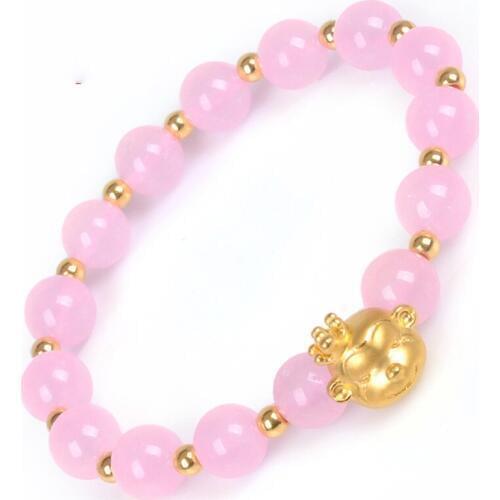 999 New Pure 24K Yellow Gold 3D 12*12mm Smart Crowned Monkey & 3mm Lucky Beads Rose Quartz Womans Bracelet