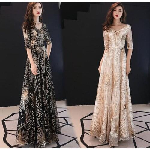 Sexy V-neck dress skirt women were thin noble champagne evening dress annual meeting hosted banquet sequins long evening dress