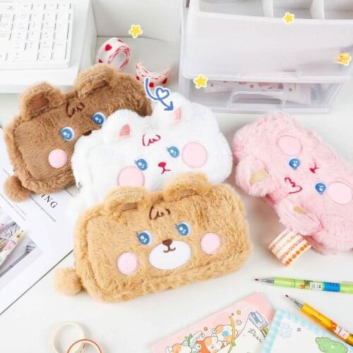 Bear Rabbit Plush Pen Case Cute Animal Kawaii Student Stationery Storage Bag School Supplies Back To School Japanese Stationery