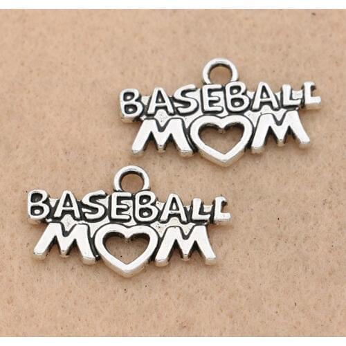 KJjewel Antique Silver Plated Baseball Mom Charms Pendants for Jewelry Accessories Findings DIY Jewelry Making Craft 26x15mm