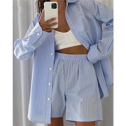 2 Pieces Suit Set Striped/ Plaid/Solid Color Long Sleeve Lapel Buttons Down Shirt Elastic High Waist Straight Shorts for Summer