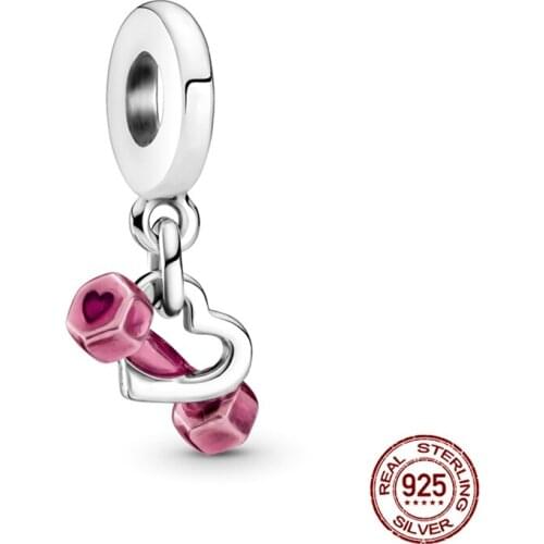 NEW 100% 925 Sterling Silver Pink Power Dumbbell beads&Charms Fit Original 3mm Bracelets&Bangle Making DIY Women Jewelry Gift