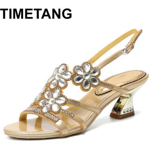 TIMETANG 2021Summer Gold Flower Pattern Simple Rough Heel Sandals Non-slip Crystal Decorative Wild Sandals Fashion SandalsE1082