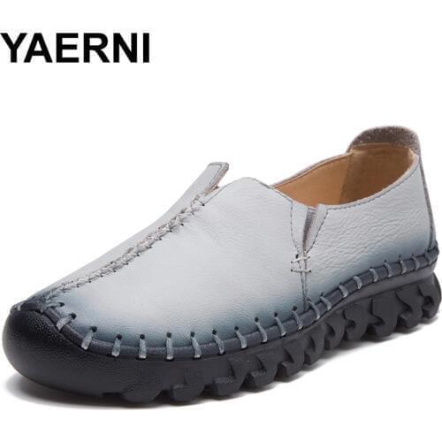 YAERNI Brand High Quality Women Genuine Leather Shoes Slip On Flats Handmade Shoes Loafers mocassin flat Womens shoes Slipony