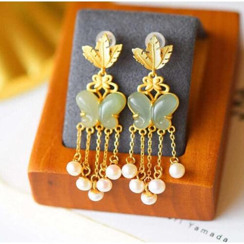Vintage Earrings Natural Hetian Jade Ear Studs Pearl Tassel S925 Sterling Silver Ancient Gold Craft Valentines Day Gift
