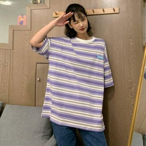 Japanese Kawaii Striped T-Shirt Harajuku Sweet Purple Clothes Women Alt Grunge Ulzzang Tee Clothes Gothic Vintage Tee Women y2k