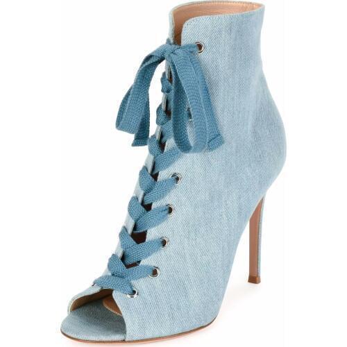 2017 Spring women fashion jeans shoes super high heels peep toe women sexy blue denim high heel dress shoes lace up heels