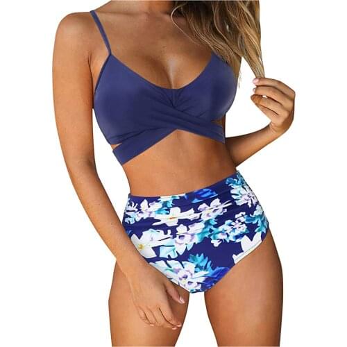 TELOTUNY Womens swimsuits 2021 Summer Sexy Women Cross High Waisted String Floral Printed 2 Piece Bathing Suit Bikini Swimwear