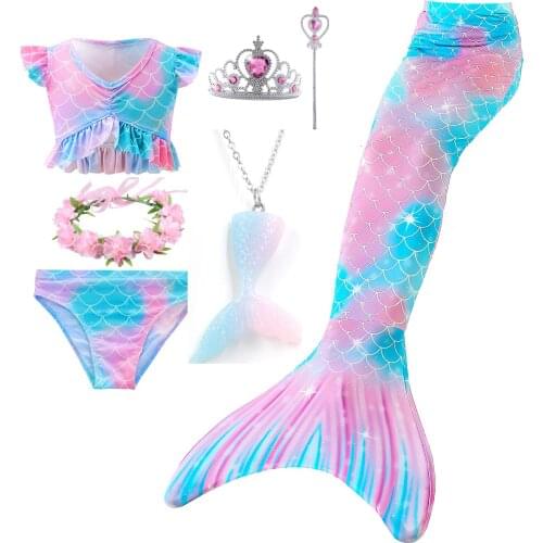 Girls Swimmable Mermaid Tail Costume Cosplay Swimsuit Halloween Dress set with fin Kids Monofin for Swimming Clothes Red Bikini