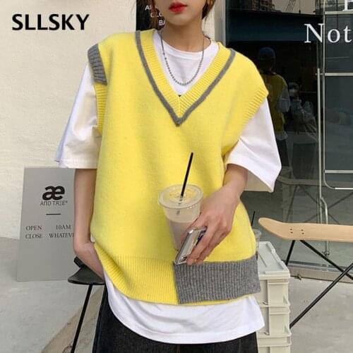 SLLSKY Personality Sweater Vest Women 2021 Autumn New V-neck Loose Contrast Color Tank Patchwork Knitted Tide Female Vest